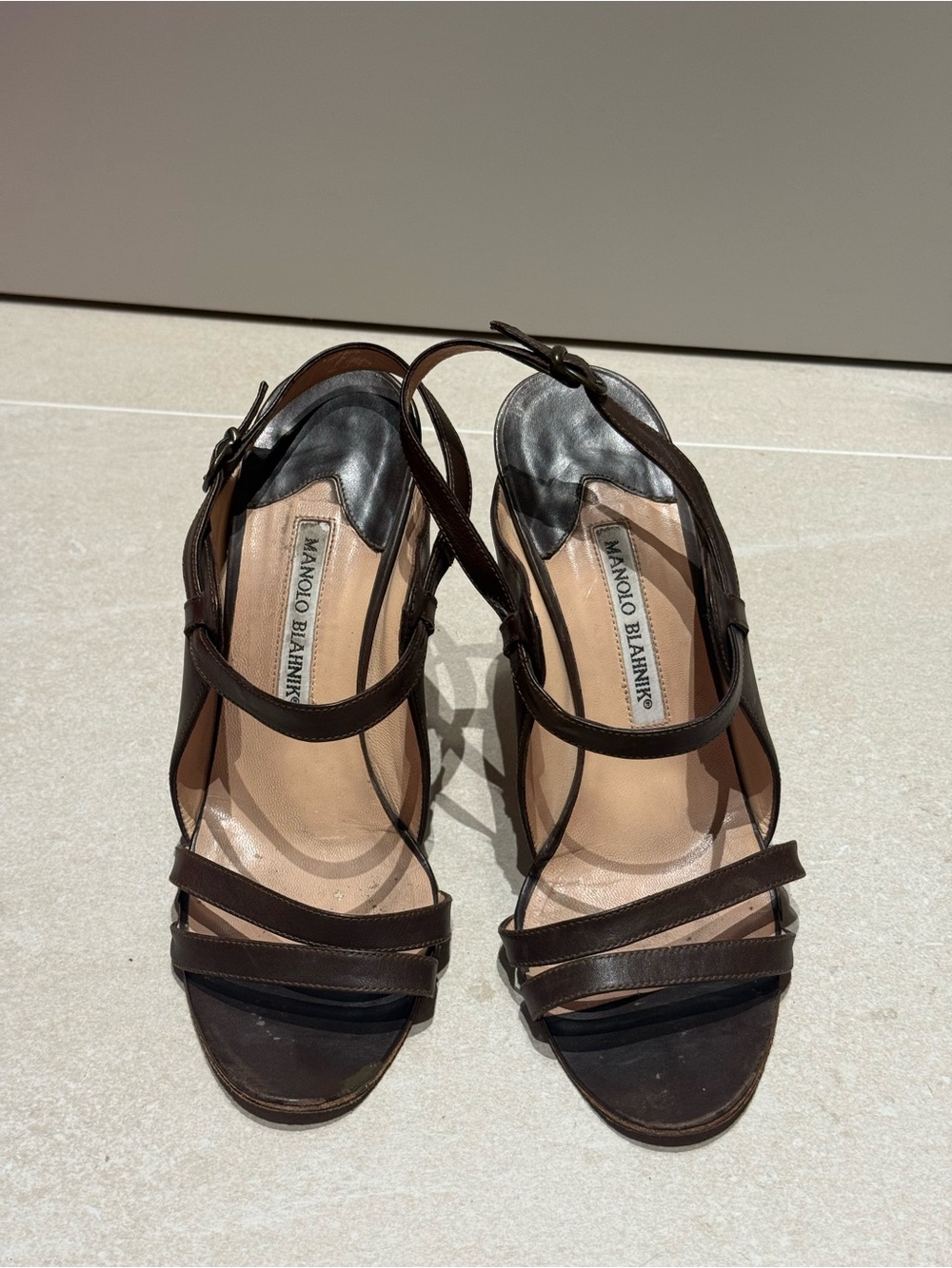 Manolo Blahnik VINTAGE Dark Brown Leather Strappy Slingback Heels